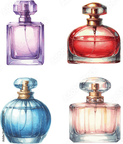 Set of four beautiful watercolor painted vector parfume bottles osolated on white background