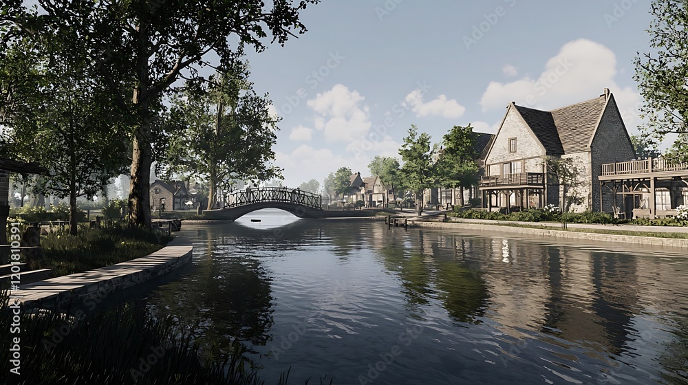 Obraz premium Tranquil Canal-Side Village: Serene Architectural Scene