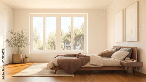 Cozy bedroom with large windows and natural decor in a sunlit space
