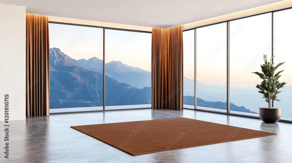 Fototapeta premium Modern interior design showcasing a spacious room with mountain view and warm sunset lighting