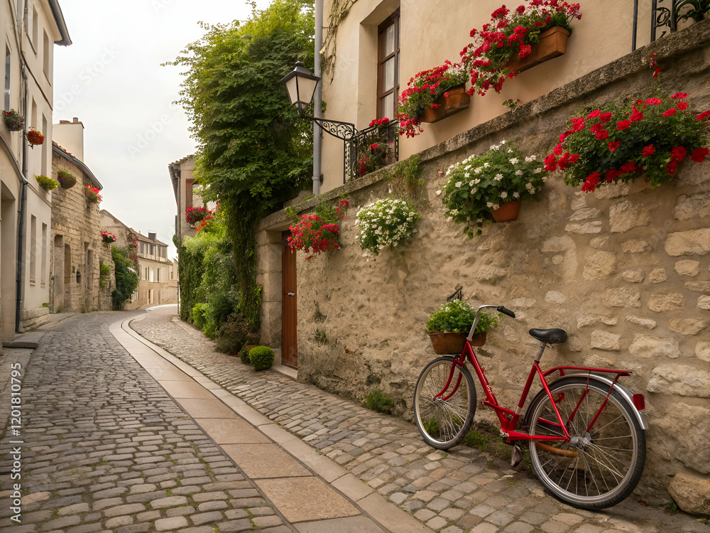 A picturesque cobblestone street with a red bicycle parked against a stone wall A picturesque cobblestone street with a red bicycle parked against a stone wall