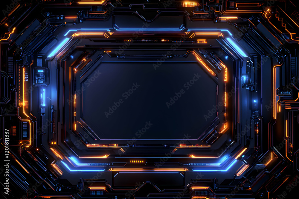 Obraz premium Futuristic technology background, glowing neon orange and blue circuit board, abstract digital design, dark metallic frame, blank space for text or logo.