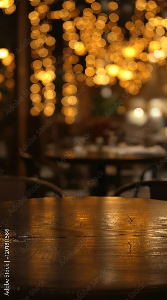 Blurred light gold bokeh effect on the dark wooden surface of an empty cafe table in a cozy restaurant, indoor space., lighting, night scene, interior Blurred light gold bokeh effect on the dark wooden surface of an empty cafe table in a cozy restaurant, indoor space., lighting, night scene, interior