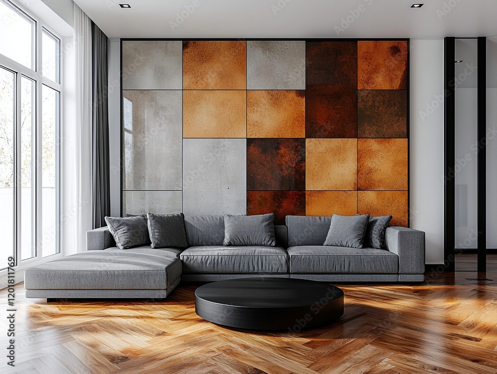 Minimalist interior design of residential living room with finished walls and dark gray sofa using brown and white panels. Generative AI
Minimalist interior design of residential living room with finished walls and dark gray sofa using brown and white panels. Generative AI