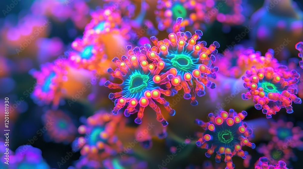 Fototapeta premium Close-up of a germ cluster in vibrant neon, [germ, microbiology, digital art], [psychedelic, hyper-detailed, glowing colors]
