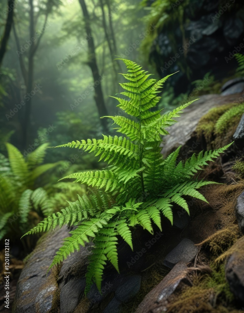 Bright green fern frond on a dark, mossy rock background, botany, mossy rock Bright green fern frond on a dark, mossy rock background, botany, mossy rock