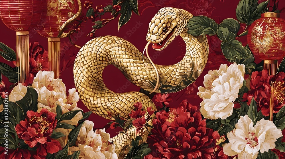 Golden Snake Entwined with Traditional Chinese Lanterns and Flowers on Bold Red Backdrop Golden Snake Entwined with Traditional Chinese Lanterns and Flowers on Bold Red Backdrop