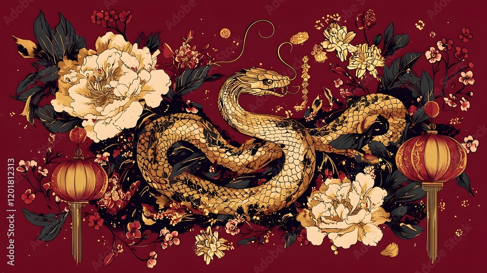 Obraz premium Golden Snake Intertwined with Traditional Chinese Floral and Lantern Elements on Red Backdrop