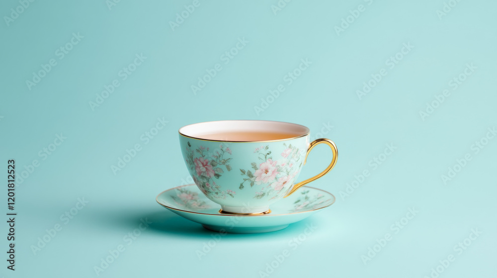 Elegant Floral Tea Cup and Saucer Resting on a Soft Blue Background for a Serene Beverage Experience Elegant Floral Tea Cup and Saucer Resting on a Soft Blue Background for a Serene Beverage Experience