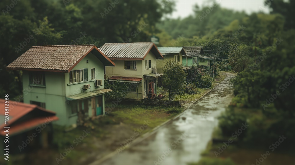 A row of houses with a street in between