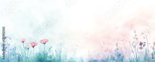 Soft watercolor painting of delicate flowers and grass in pastel colors. Perfect for cards, backgrounds, and spring designs.