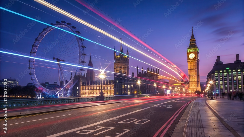 Fototapeta premium Nighttime cityscape with illuminated Ferris wheel and clock tower, streaks of light from passing vehicles on a roadway