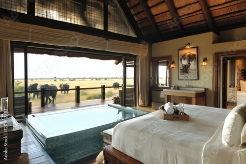 Luxury safari lodge in the savanna with infinity pool and expansive views