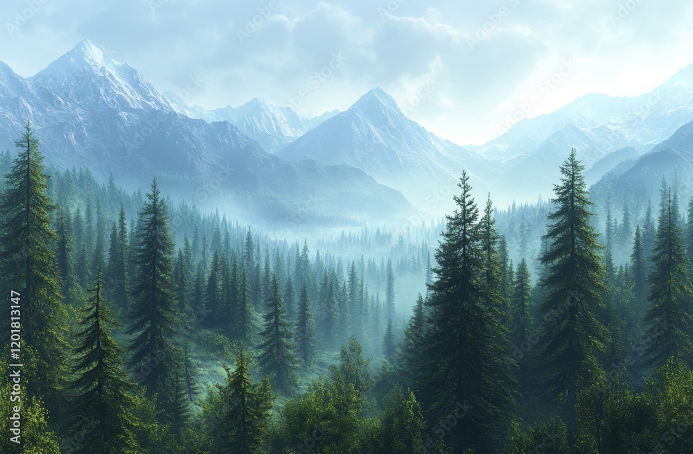 Fototapeta premium Misty Tall Pine Forest Landscape