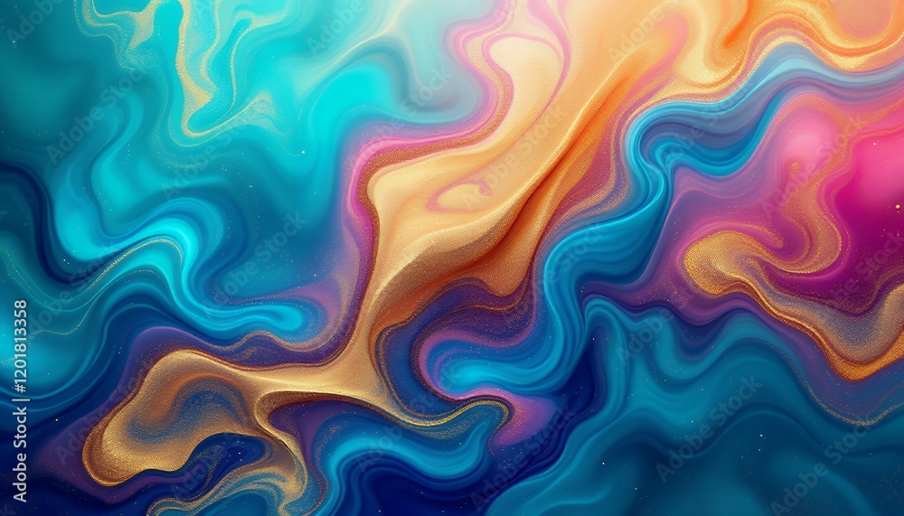 Obraz premium Vibrant Abstract Fluid Art Painting Blue Gold Pink