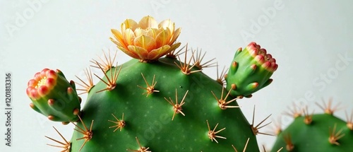 Close-up Opuntia leucotricha Cactus with Spines - Green, Dried Flowers photo