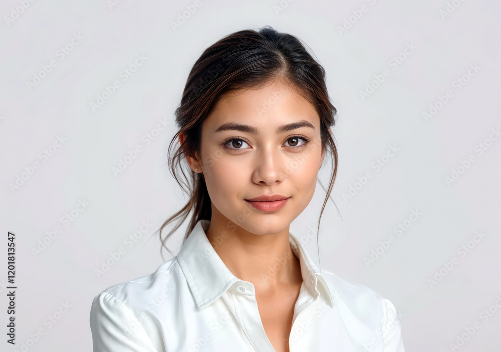 Portrait of young woman with confident expression wearing white collared shirt against neutral background Portrait of young woman with confident expression wearing white collared shirt against neutral background