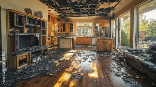 The aftermath of a devastating fire is evident in this contemporary open-plan living room and kitchen. Charred furniture and scorched walls tell a harrowing story of destruction and loss photo