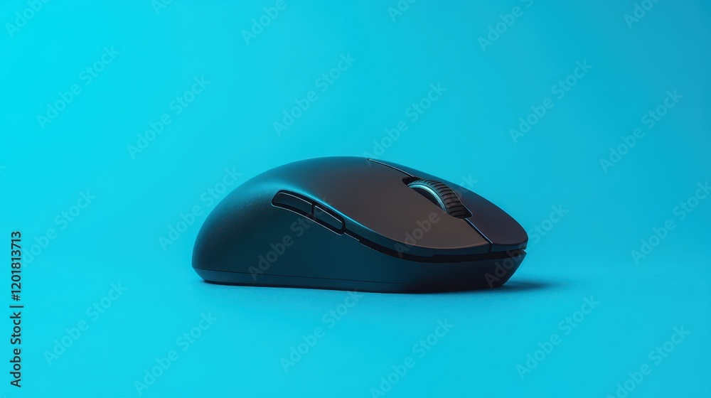 Black wireless mouse resting on bright blue surface, showcasing modern design and ergonomic shape for seamless navigation and productivity Black wireless mouse resting on bright blue surface, showcasing modern design and ergonomic shape for seamless navigation and productivity