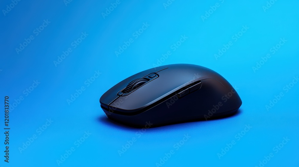 Black wireless mouse rests on solid bright blue background, showcasing modern design and functionality, ideal for computer use in office or home settings
