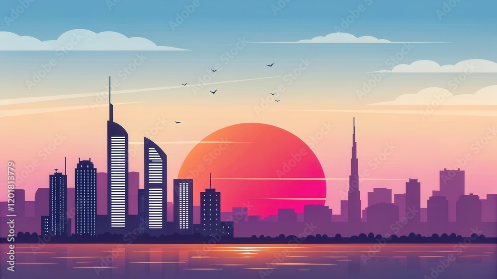Obraz premium Urban Skyline at Sunset A Vibrant Cityscape Illustration