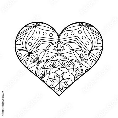 Vector heart linear illustration with floral. Outline geometric and floral ornaments. Valentine's Day coloring