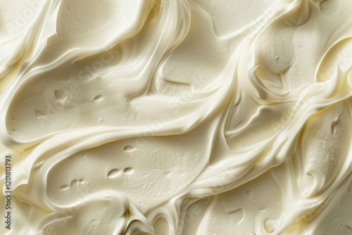 Smooth, spreadable white frosting swirls creating a textured background, perfect for culinary projects