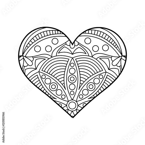Vector heart linear illustration with floral. Outline geometric and floral ornaments. Valentine's Day coloring