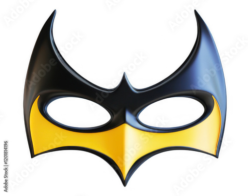 A black and yellow hero mask with a glossy finish, isolated on a transparent background.
 photo