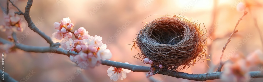 A delicate bird's nest resting among blooming cherry blossoms, representing spring's renewal and nature's tranquility. Ideal for seasonal campaigns, eco-themed designs, or wildlife projects. A delicate bird's nest resting among blooming cherry blossoms, representing spring's renewal and nature's tranquility. Ideal for seasonal campaigns, eco-themed designs, or wildlife projects.