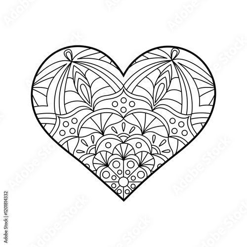 Linear vector heart with mandala ornament for adult coloring page. Isolated on white backdrop heart shape outline illustration
