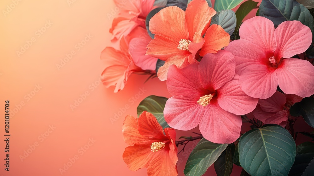 Obraz premium The tropical garden comes alive at sunrise, adorned with vibrant bright pink hibiscus flowers that showcase stunning coral undertones, creating a picturesque scene