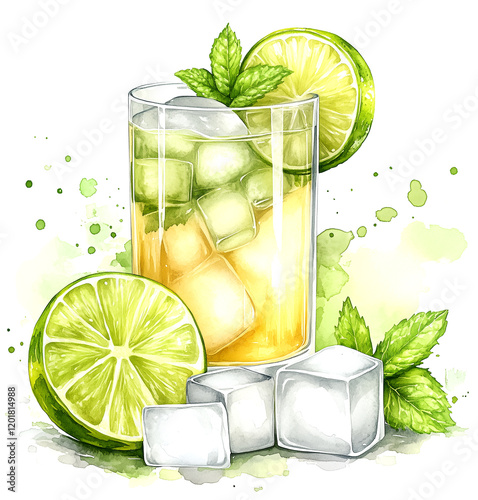 A glass of iced tea with a lime wedge and ice cubes. The image has a light and refreshing mood, with the ice cubes and lime adding a touch of coolness to the drink photo