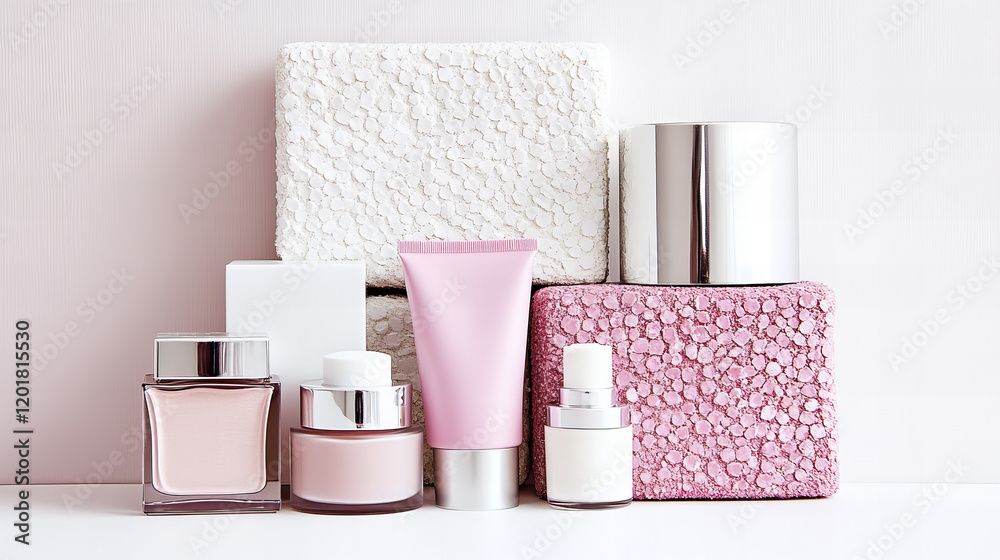 Various skincare and beauty products arranged aesthetically on a pastel background in a modern setting Various skincare and beauty products arranged aesthetically on a pastel background in a modern setting