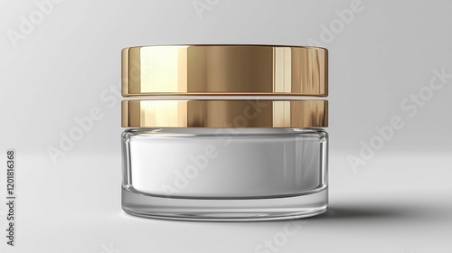 A sleek, modern skincare jar with a gold lid and clear glass base, showcasing a luxurious cream texture, designed for cosmetic appeal.
