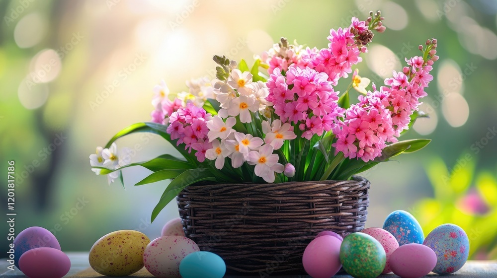 A beautiful basket filled with colorful flowers and Easter eggs, perfect for a spring celebration. A beautiful basket filled with colorful flowers and Easter eggs, perfect for a spring celebration.