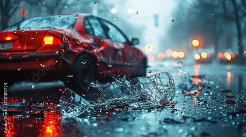 A dramatic car crash unfolded in a rainy urban setting, where shattered glass and debris were strewn across the slick pavement during the twilight hours