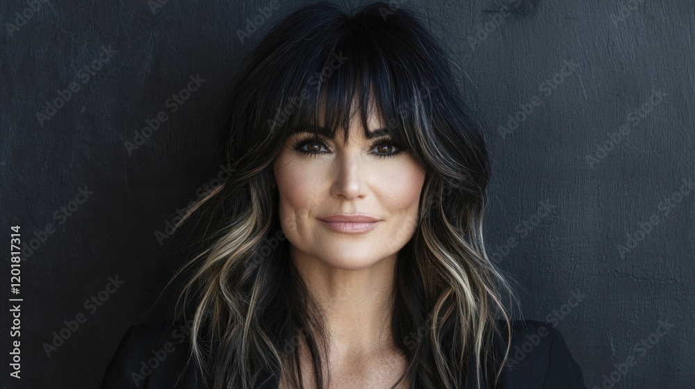 Portrait of a woman with layered black and blonde hair, bangs, and a confident expression against a dark background. Portrait of a woman with layered black and blonde hair, bangs, and a confident expression against a dark background.