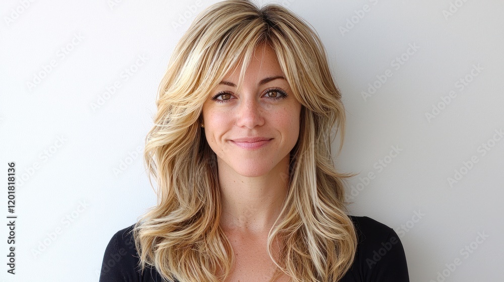 Portrait of a young woman with long blonde hair and a subtle smile against a white background. Portrait of a young woman with long blonde hair and a subtle smile against a white background.