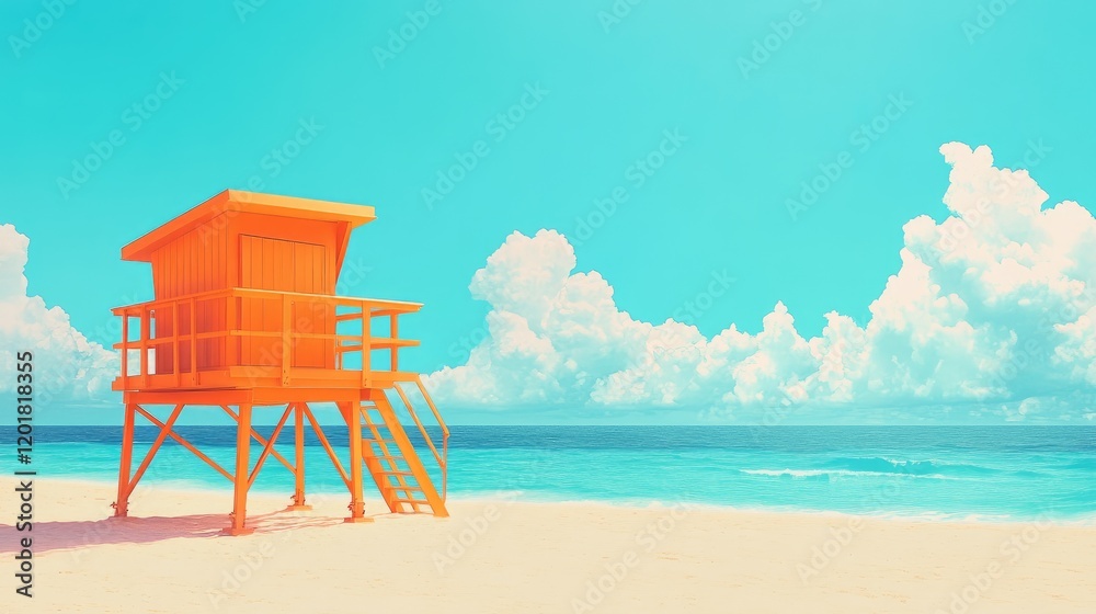 A bright orange lifeguard tower on a sandy beach under the summer sun. A bright orange lifeguard tower on a sandy beach under the summer sun.