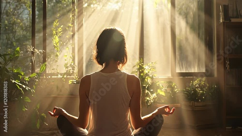 A young woman doing yoga in the morning at home, in the living room with a large window. Sunrays stream through the window, as the woman sits on her knees, 