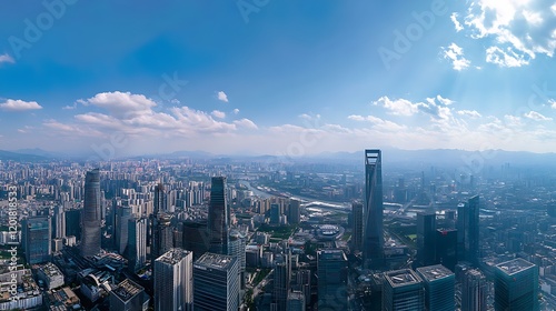 Aerial View of Shanghai Cityscape Under a Blue Sky