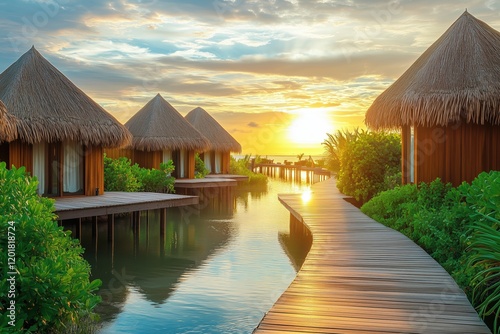 Tropical villas on stilts, connected by wooden walkways, surrounded by a lagoon photo