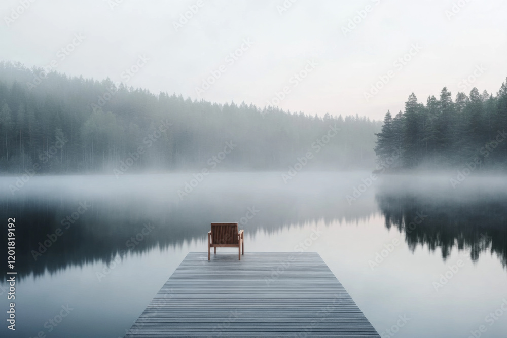 Serene Dock Overlooking a Misty Lake Surrounded by Swedish Forest at Dawn Serene Dock Overlooking a Misty Lake Surrounded by Swedish Forest at Dawn