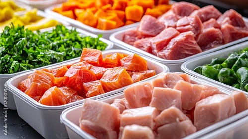 A vibrant array of fresh, diced vegetables and fish neatly arranged in containers, showcasing healthy meal prep options.