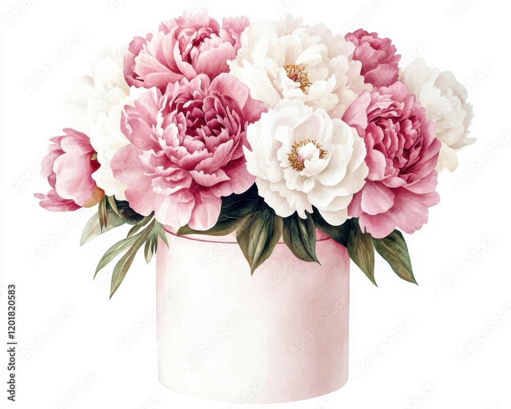 Beautiful pink and white peonies in a charming white pot. Beautiful pink and white peonies in a charming white pot.