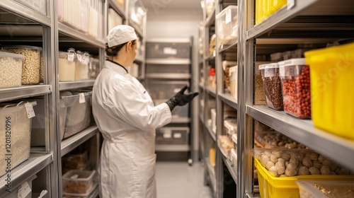 A food storage area with shelves filled with various ingredients, featuring a person in a white uniform and gloves inspecting the items.
