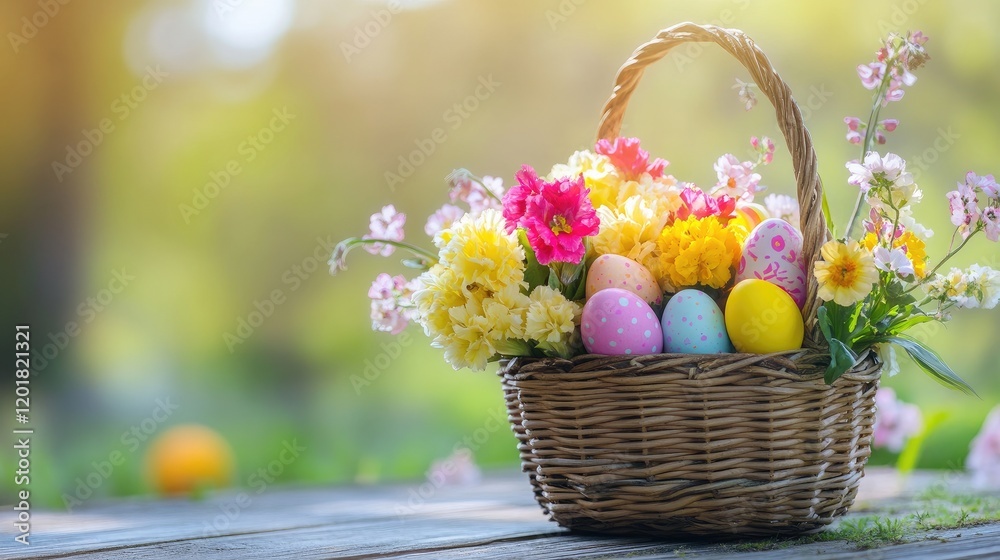 A delicate wicker basket overflowing with vibrant flowers and pastel Easter eggs. A delicate wicker basket overflowing with vibrant flowers and pastel Easter eggs.