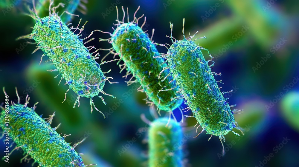 Naklejka premium Cluster of germs under a microscope, [germ, biology research, microorganism], [extreme close-up, high detail, soft light]