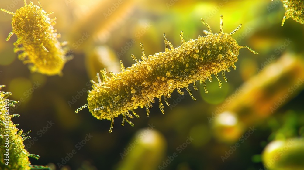 Naklejka premium Cluster of germs under a microscope, [germ, biology research, microorganism], [extreme close-up, high detail, soft light]